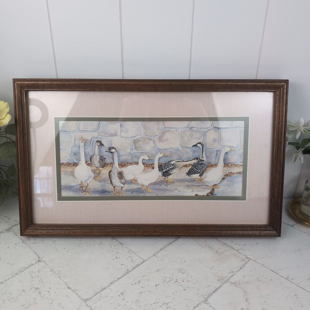 1980s Vintage Geese Framed Art Print Cottagecore Grannycore Cottage Wall Decor